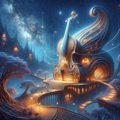 The primary subject of the image is a large, intricately designed violin that appears to be a part of a magical, fantasy world. The setting is a nighttime scene with a sky full of stars, creating a serene and enchanting atmosphere. The visual style is a combination of digital art and illustration, giving the image a unique and captivating appearance. The colors and mood are predominantly dark and mysterious, with the violin and the night sky serving as the main focal points of the